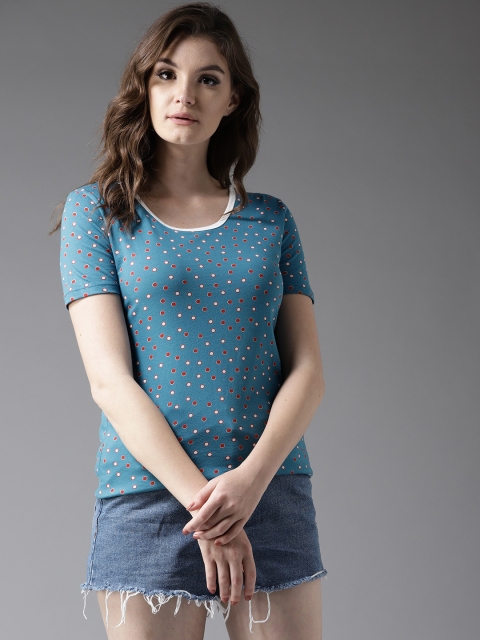 

HERE&NOW Women Teal Blue & Red Printed Round Neck T-shirt
