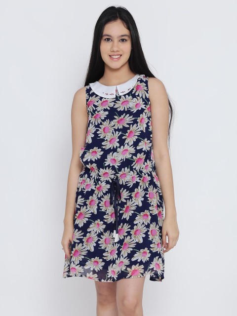 

Natilene Girls Navy Blue Printed Drop-Waist Dress