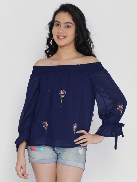 

Natilene Girls Navy Blue Printed Bardot Top