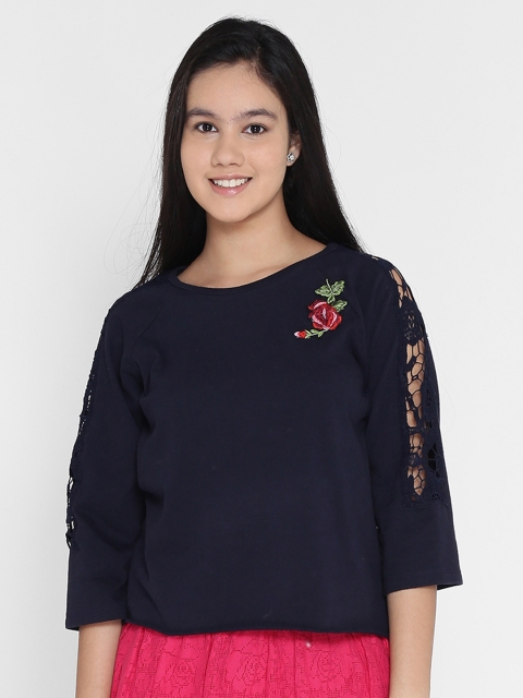 

Natilene Girls Navy Blue Solid Boxy Top