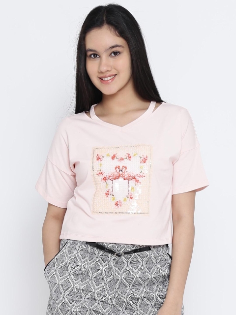 

Natilene Girls Peach-Coloured Printed Pure Cotton Top