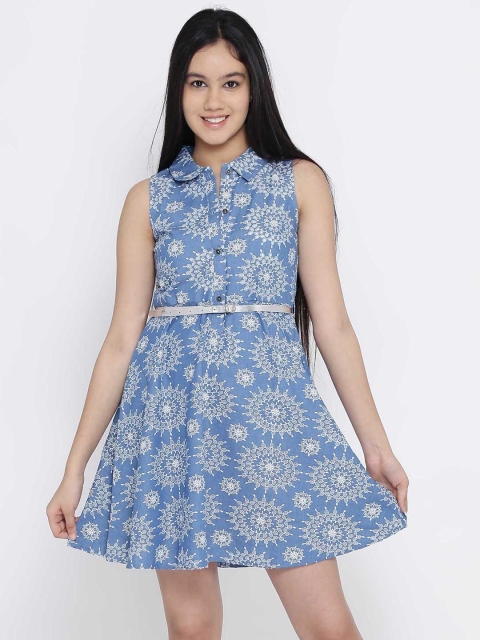 

Natilene Girls Blue Printed Fit and Flare Dress