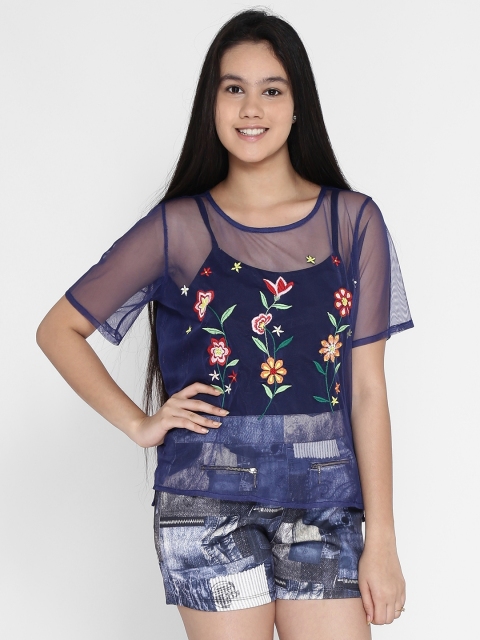 

Natilene Girls Navy Blue Embroidered Sheer Top