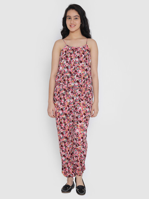

Natilene Girls Peach-Coloured & Red Printed Basic Jumpsuit