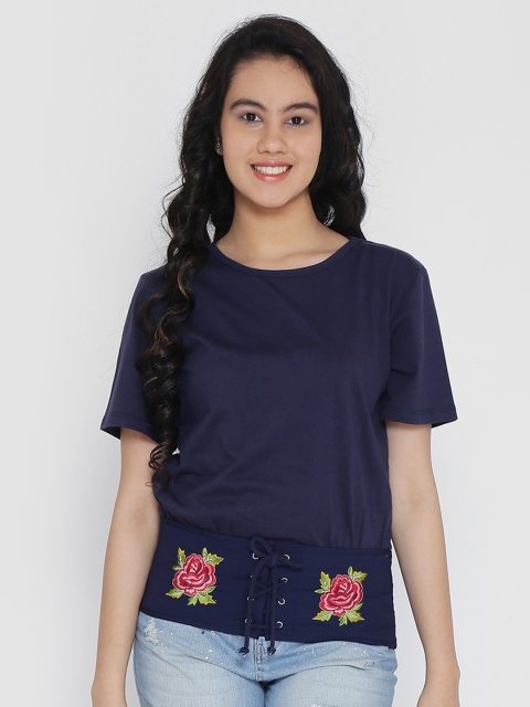 

Natilene Girls Navy Blue Solid Pure Cotton Top