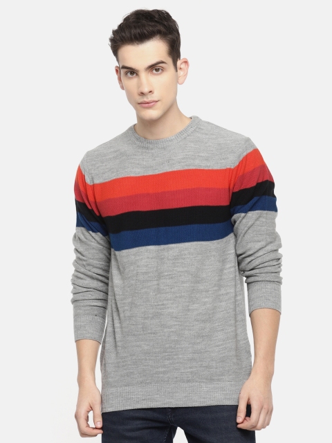 

Mast & Harbour Men Grey Striped Pullover Sweater
