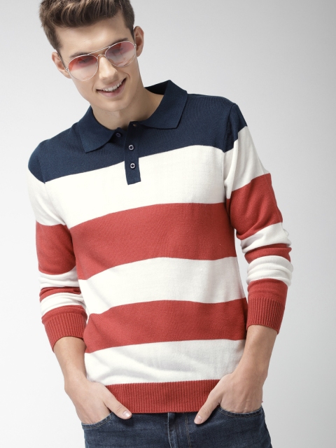 

Mast & Harbour Men White & Red Striped Pullover