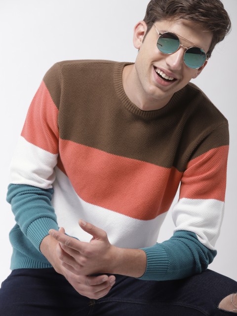 

Mast & Harbour Men Brown & Blue Colourblocked Pullover