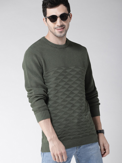 

Mast & Harbour Men Olive Green Self Design Pullover