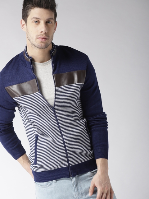

Mast & Harbour Men Navy Blue & White Striped Cardigan