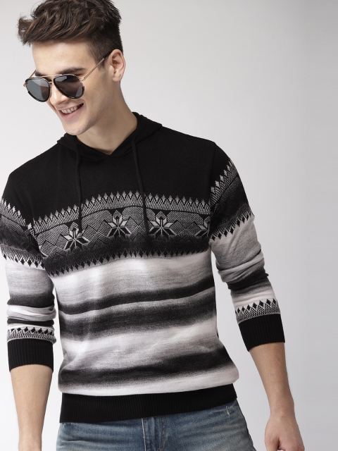 

Mast & Harbour Men Black & White Self Design Pullover