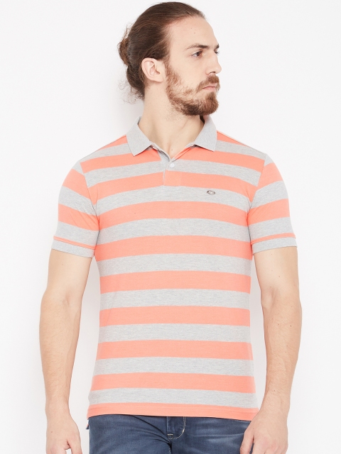 

Numero Uno Men Grey Melange Striped Polo Collar T-shirt