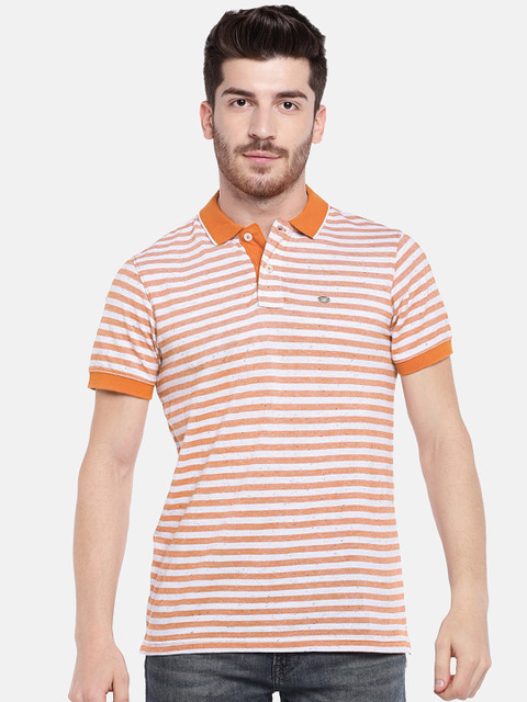 

Numero Uno Men Orange & Off-White Striped Polo Collar T-shirt