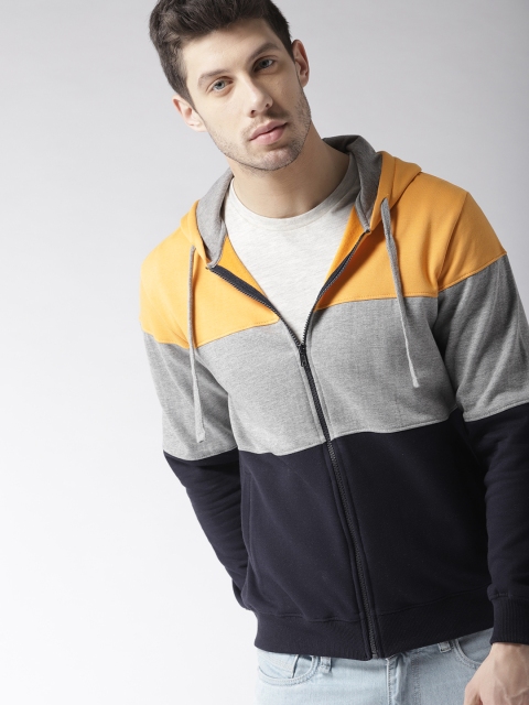

Mast & Harbour Men Mustard Yellow & Navy Colourblocked Hooded Sweatshirt