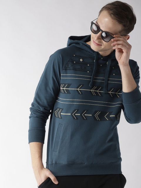 

Mast & Harbour Men Teal Blue Printed Hooded Sweatshirt