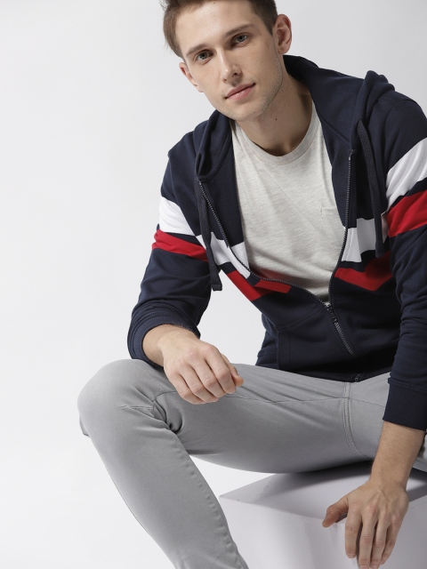 

Mast & Harbour Men Navy Striped Hooded Sweatshirt, Navy blue