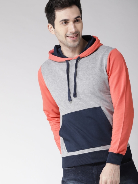 

Mast & Harbour Men Grey Melange & Navy Blue Colourblocked Hooded Sweatshirt