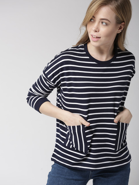 

Mast & Harbour Women Navy Blue & White Striped Sweatshirt