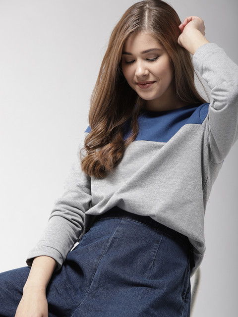 

Mast & Harbour Women Grey Melange & Blue Colourblocked Sweatshirt