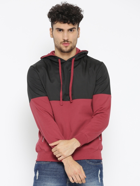 

Mast & Harbour Men Maroon & Black Colourblocked Hooded Sweatshirt