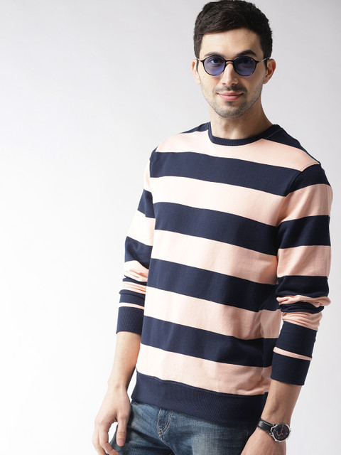 

Mast & Harbour Men Peach-Coloured & Navy Blue Striped Sweatshirt