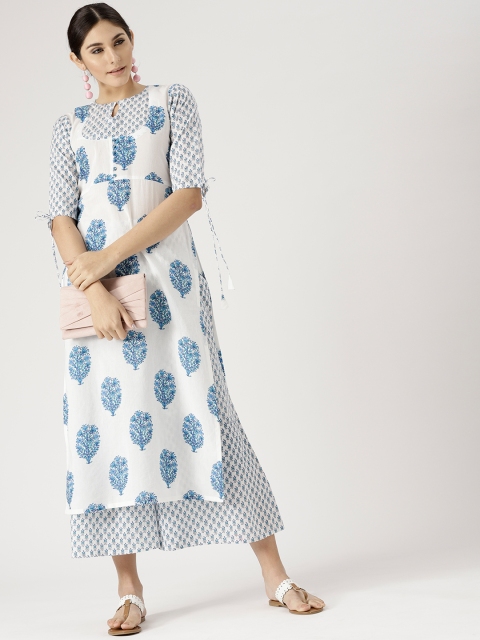 

Libas Women White & Blue Floral Print Kurta with Palazzos