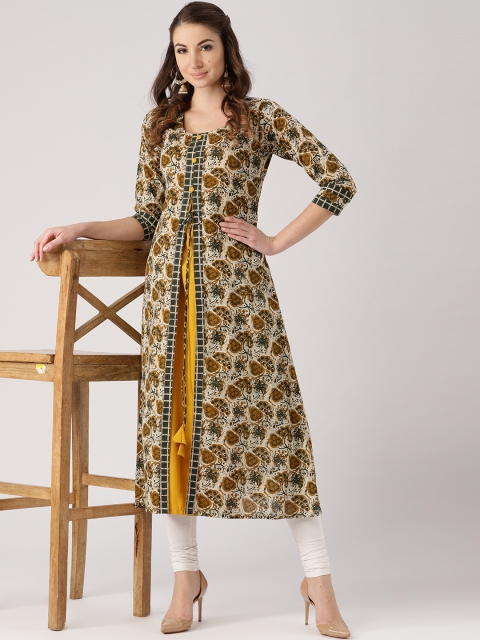 

Libas Women Beige & Mustard Yellow Layered Printed A-Line Kurta