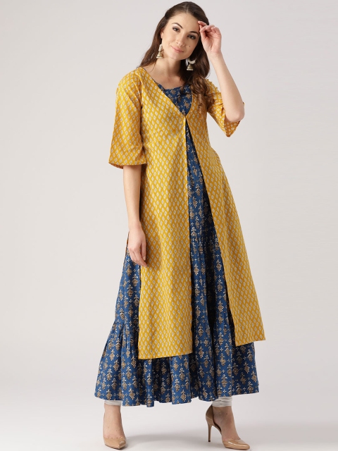 

Libas Women Blue Printed Anarkali Kurta with Longline Ethnic Jacket