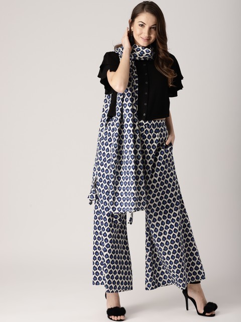 

Libas Women Navy Blue & Off-White Printed Wide Leg Palazzos With Stole