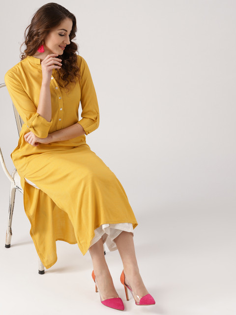 

Libas Women Mustard Yellow Solid Straight Kurta