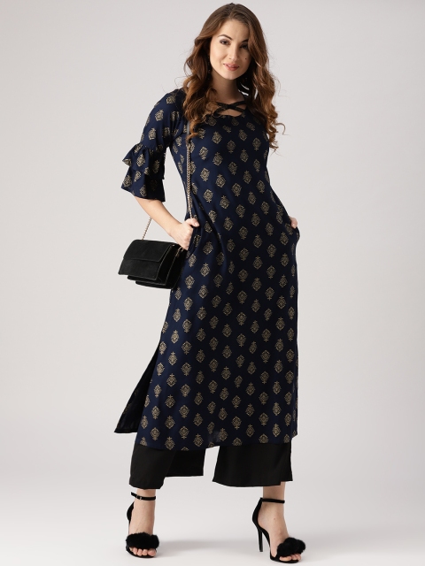 

Libas Women Navy Blue & Golden Printed Straight Kurta