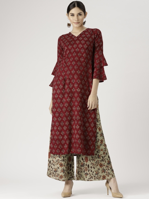 

Libas Women Maroon & Beige Printed Kurta with Palazzos