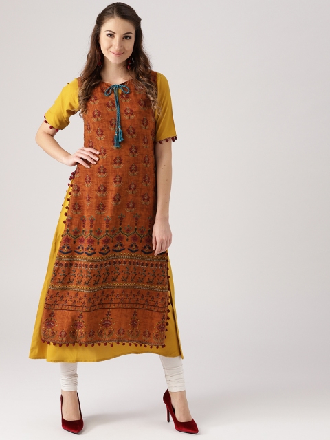 

Libas Women Mustard Yellow Solid A-Line Kurta with Longline Ethnic Jacket
