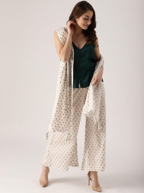 

Libas Women White & Golden Block Print Wide Leg Palazzos with Stole