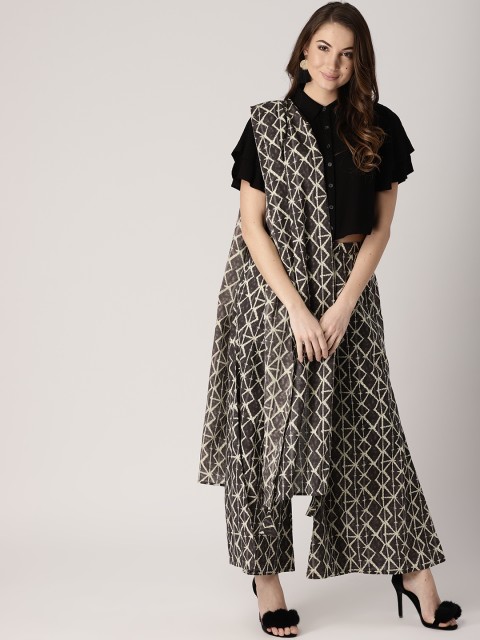 

Libas Women Grey & Off-White Printed Wide Leg Palazzos With Stole