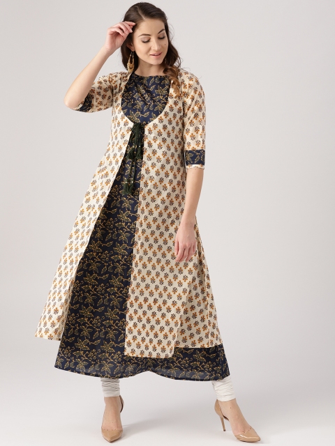 

Libas Women Navy Blue & Beige Printed Layered A-Line Kurta