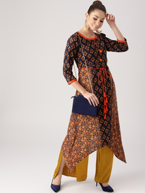 

Libas Women Navy Blue & Mustard Yellow Printed A-Line Kurta