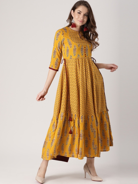 

Libas Women Mustard Yellow & Maroon Printed Anarkali Kurta