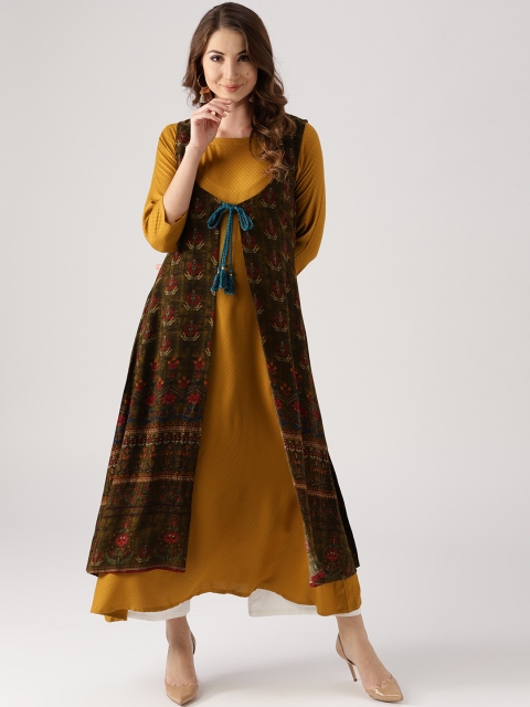 

Libas Women Mustard Brown Woven Design A-Line Kurta with Longline Jacket