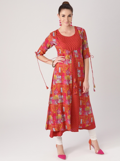 

Libas Women Pink & Mustard Brown Printed A-Line Layered Kurta