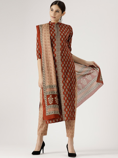 

Libas Women Rust Red & Beige Printed Kurta with Trousers & Dupatta