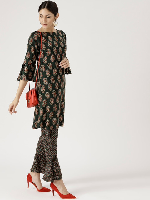 

Libas Women Green & Beige Printed Kurta with Trousers