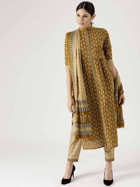

Libas Women Olive Green & Beige Printed Kurta with Trousers & Dupatta