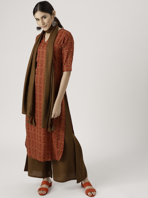 

Libas Women Orange & Olive Brown Printed Kurta with Palazzos & Dupatta