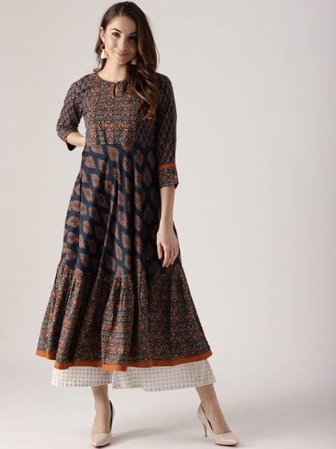 

Libas Women Navy Blue & Orange Printed Anarkali Kurta
