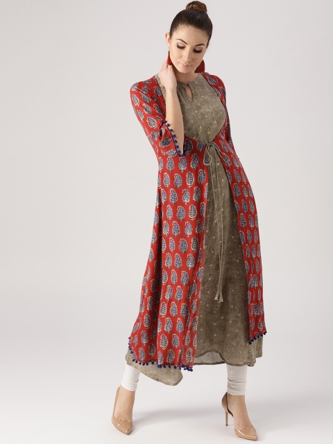 

Libas Women Olive Green & Red Printed A-Line Kurta with Ethnic Jacket