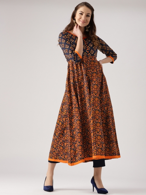 

Libas Women Navy Blue & Orange Printed Empire Anarkali Kurta