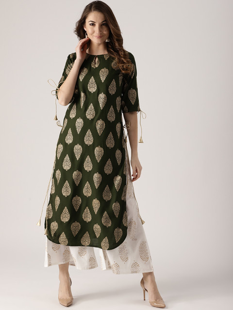 

Libas Women Olive Green & Golden Handblock Print Straight Kurta