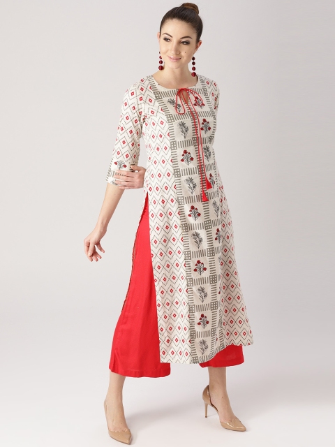 

Libas Women Off-White & Red Printed Straight Kurta