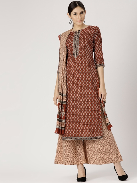 

Libas Women Rust Brown & Beige Printed Kurta with Palazzos & Dupatta